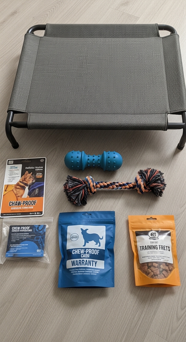 A dog bed with a blue ball on top.