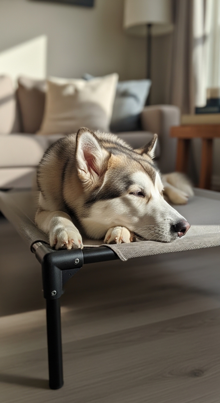 A dog is laying on a dog bed.