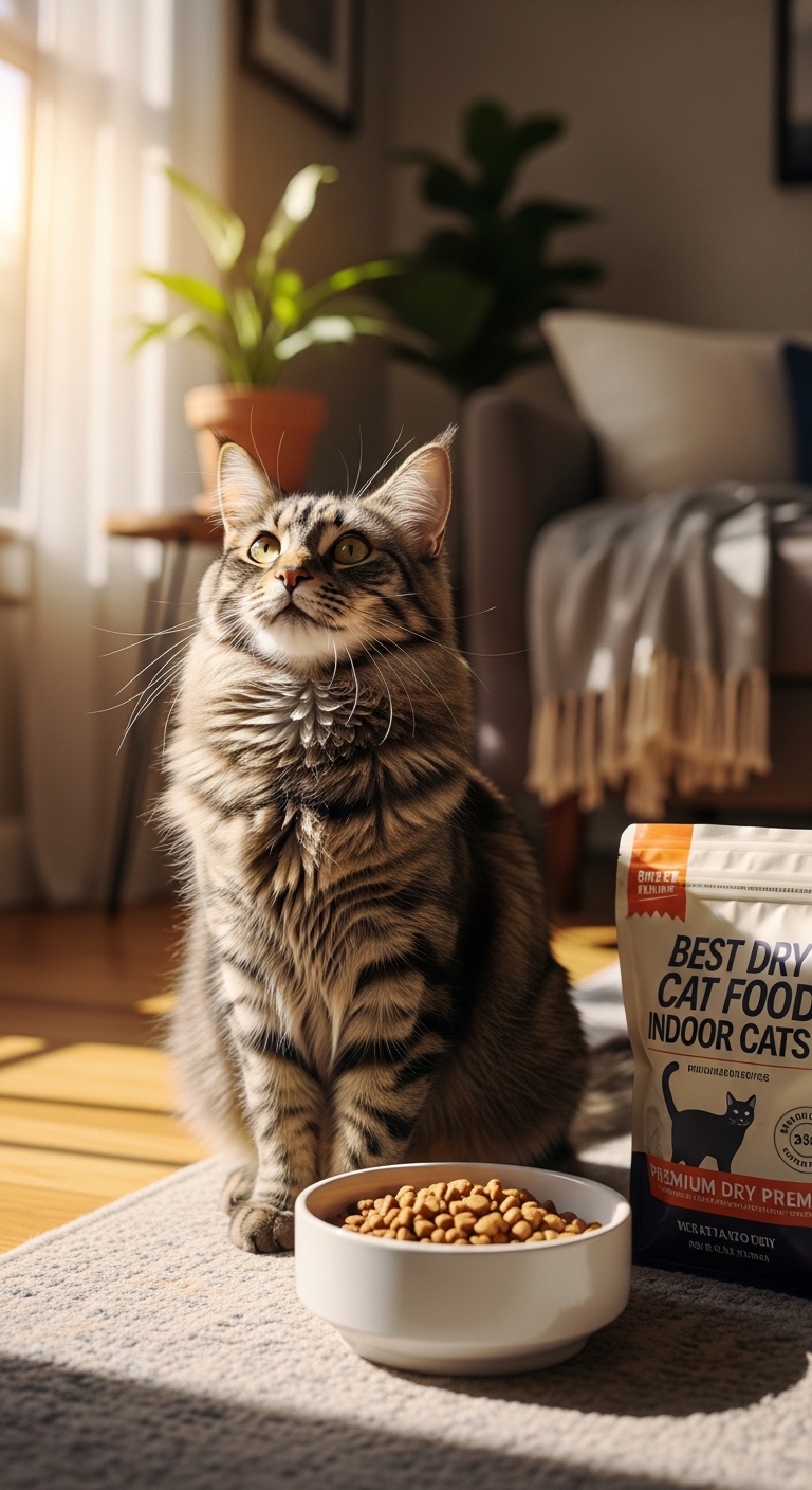 A cat sitting on a wooden floor next to a bag of cat food.