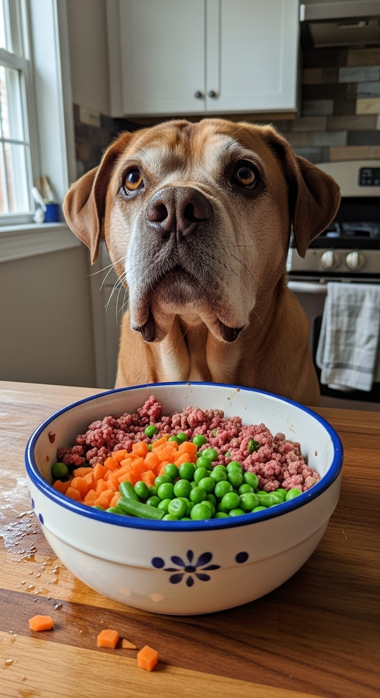 A dog is looking at a bowl of food.