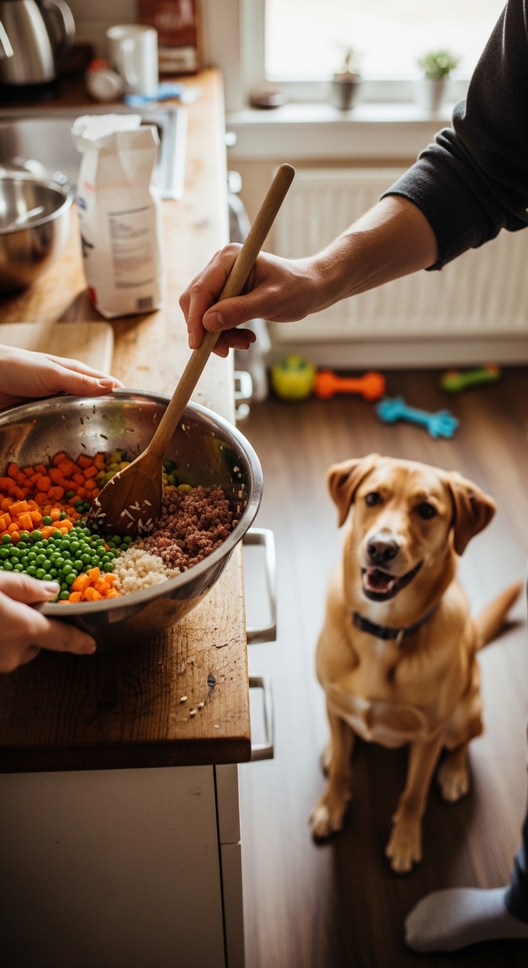 A dog is looking at a bowl of food.