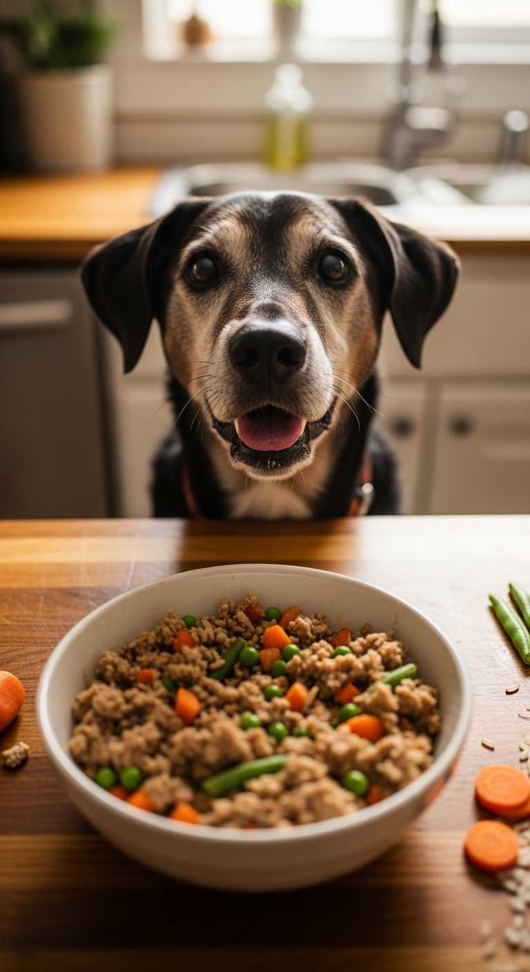 A dog is looking at a bowl of food.