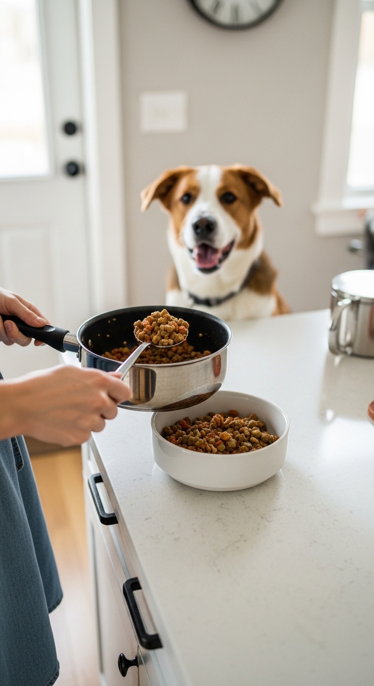 A person is preparing food for their dog.