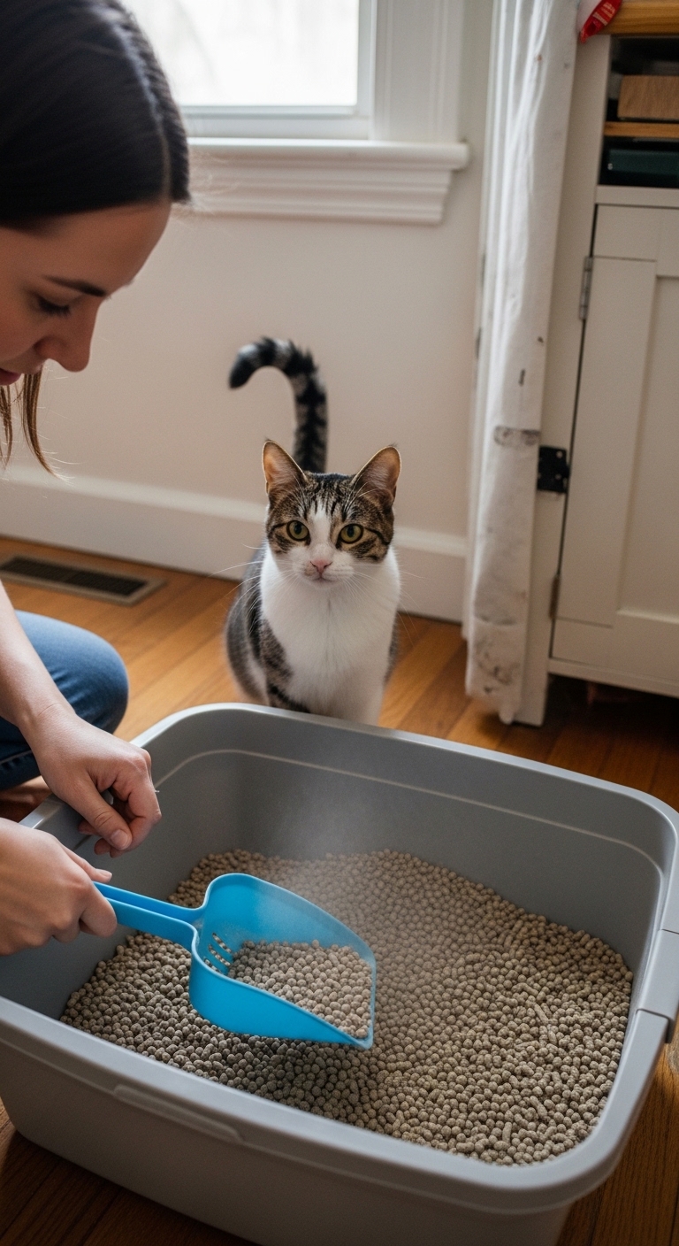 A woman is holding a blue spoon in a container of cat litter.