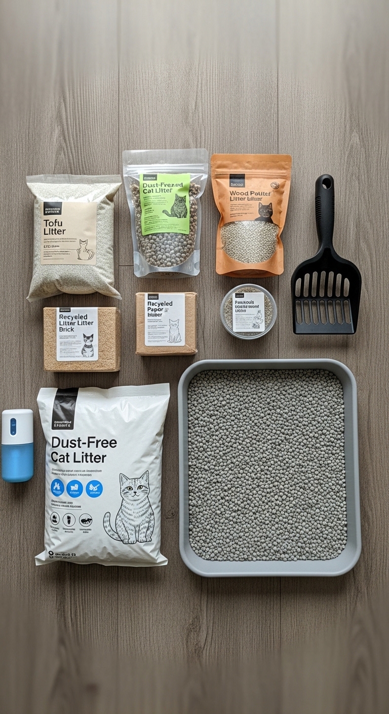 A variety of cat litter products are displayed on a table.