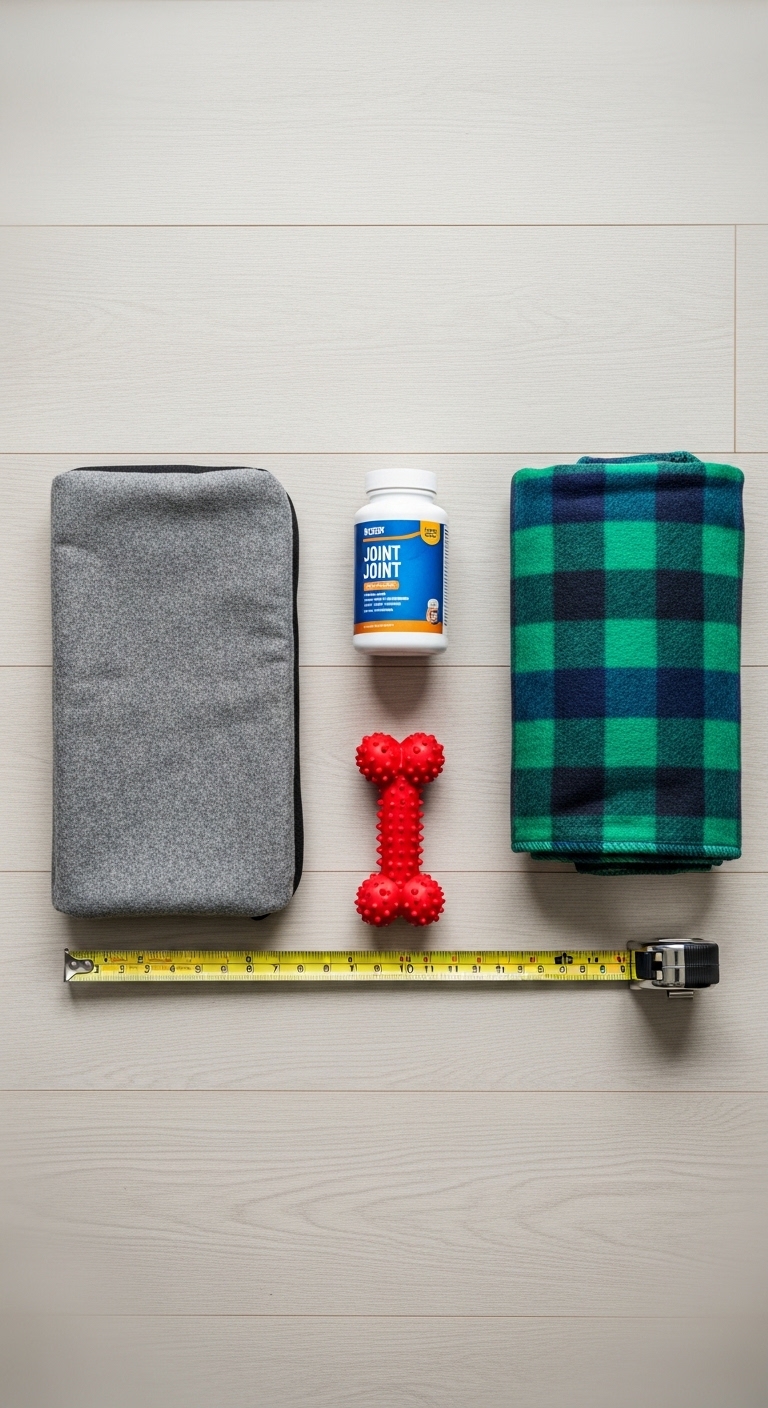 A ruler, a pill bottle, a red ball, and a plaid blanket are on a table.