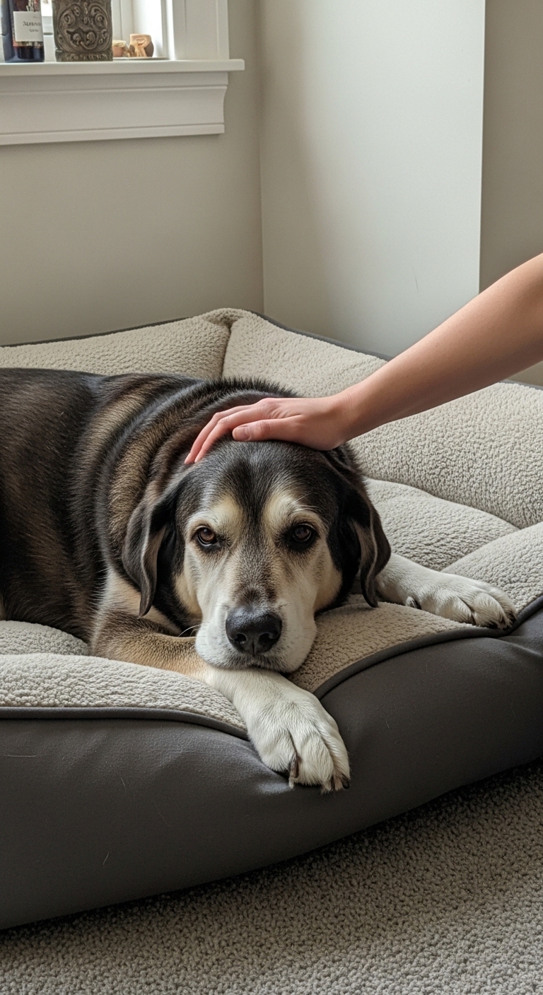 A dog laying on a bed with a person petting it.