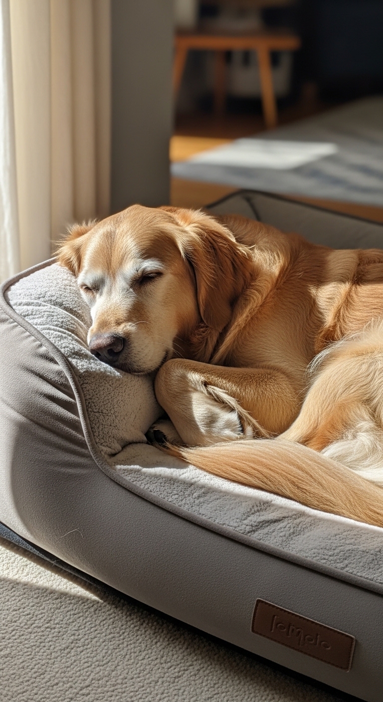 A dog is sleeping on a dog bed.
