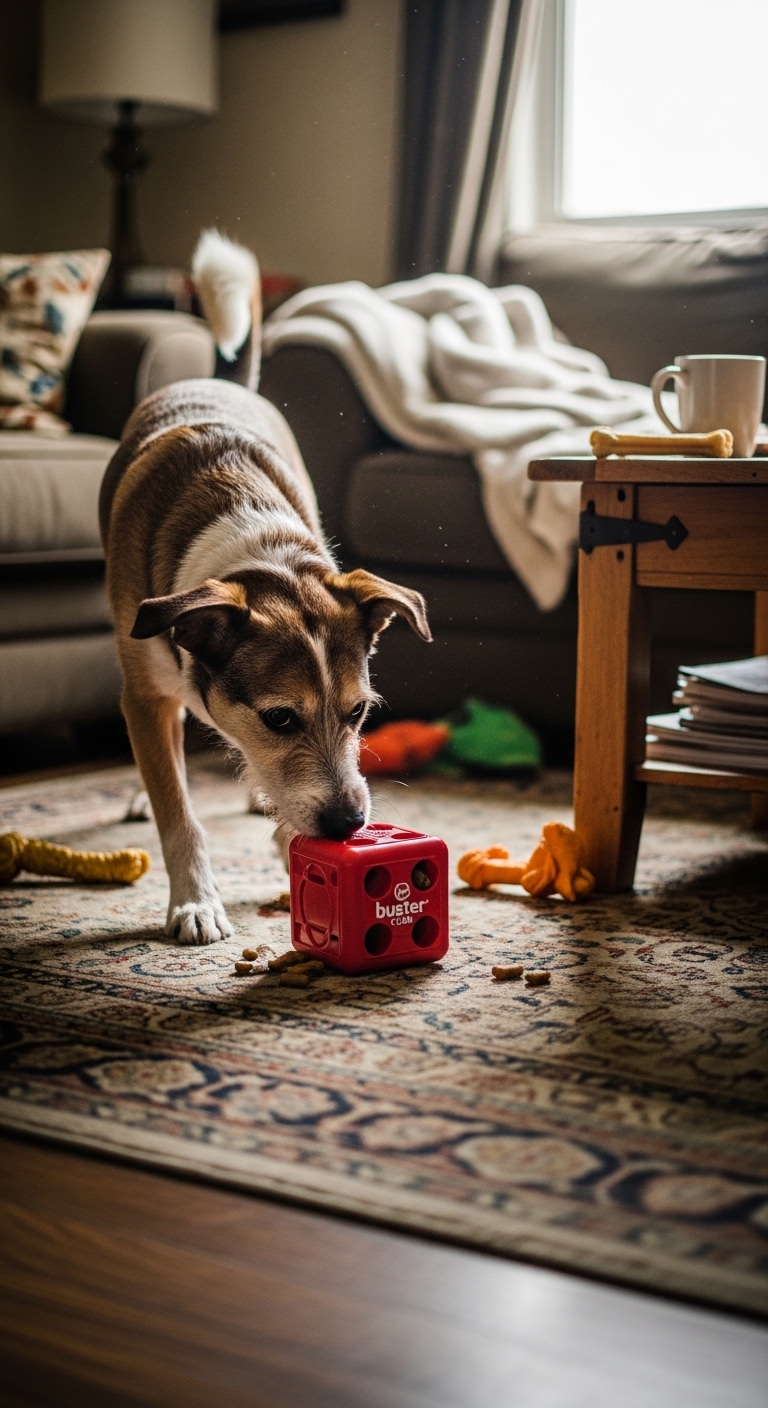 A dog playing with a red toy.