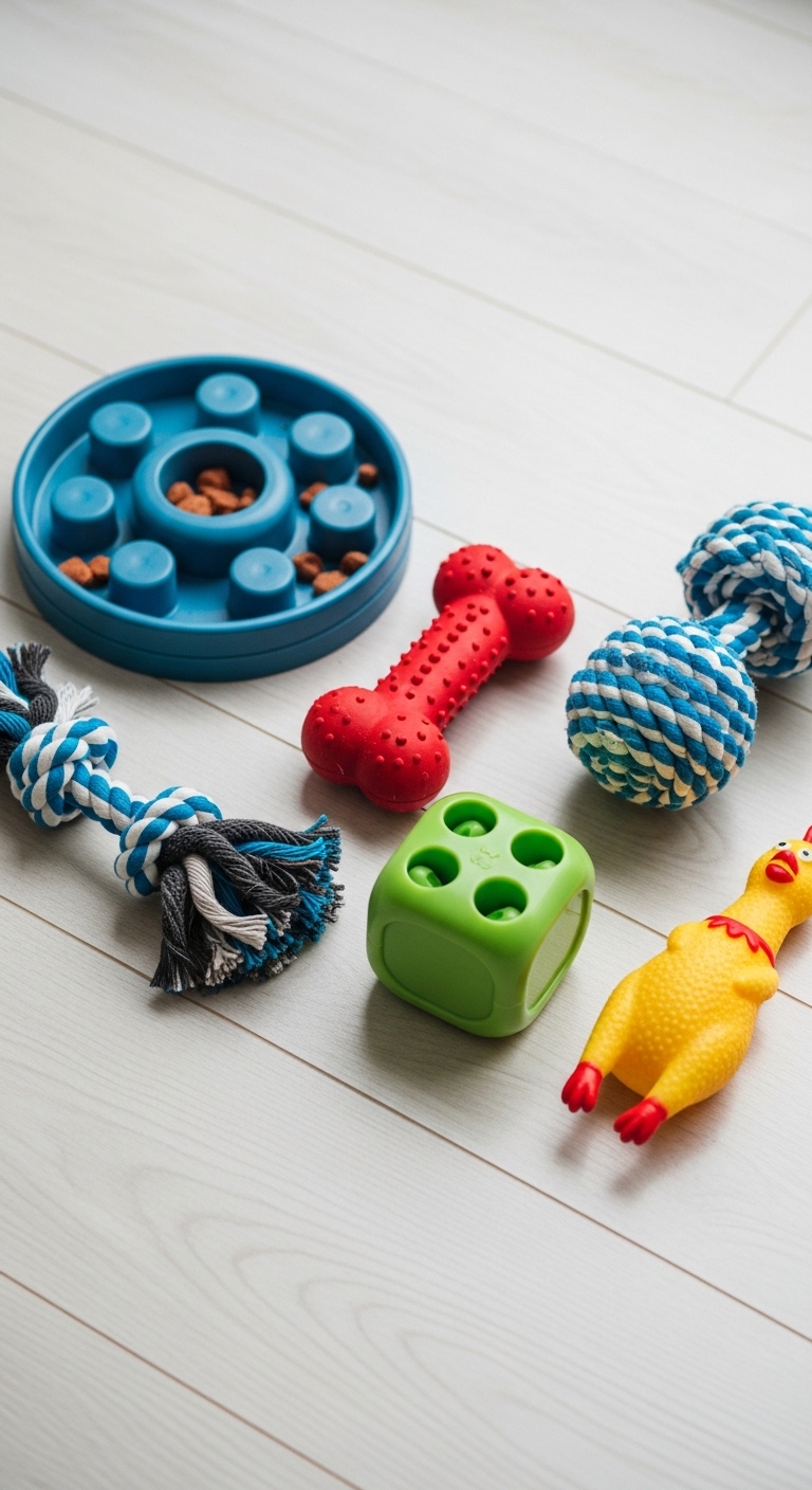 A variety of dog toys are displayed on a white table.