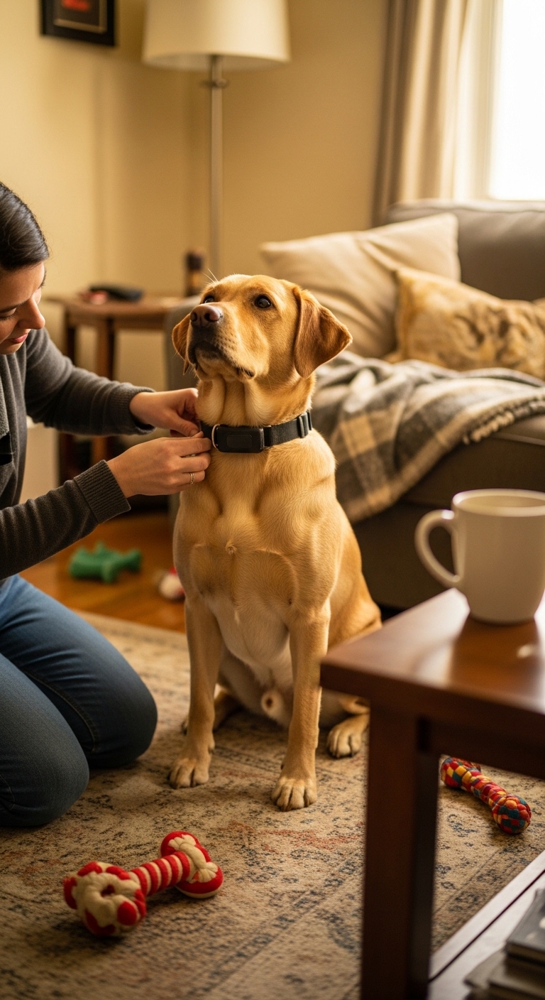 A woman is putting a collar on a dog.