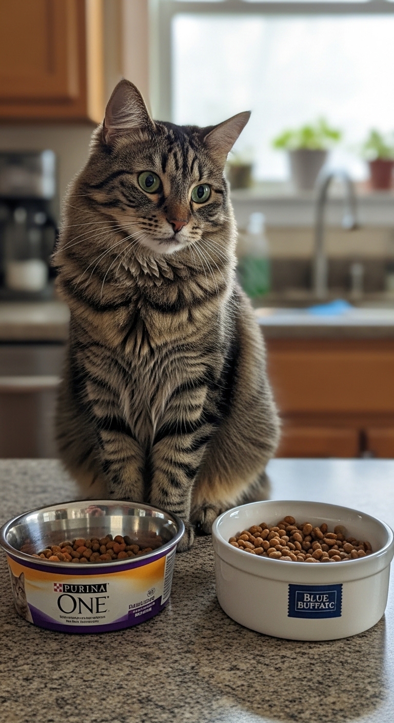 A cat is sitting on a counter next to a bowl of Purina One cat food.
