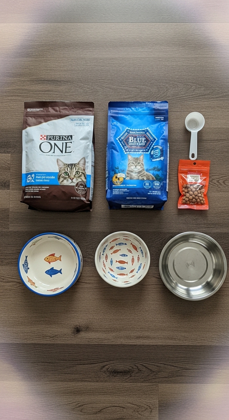 Two bags of cat food are displayed on a table, one is Purina One and the other is Blue Buffalo.