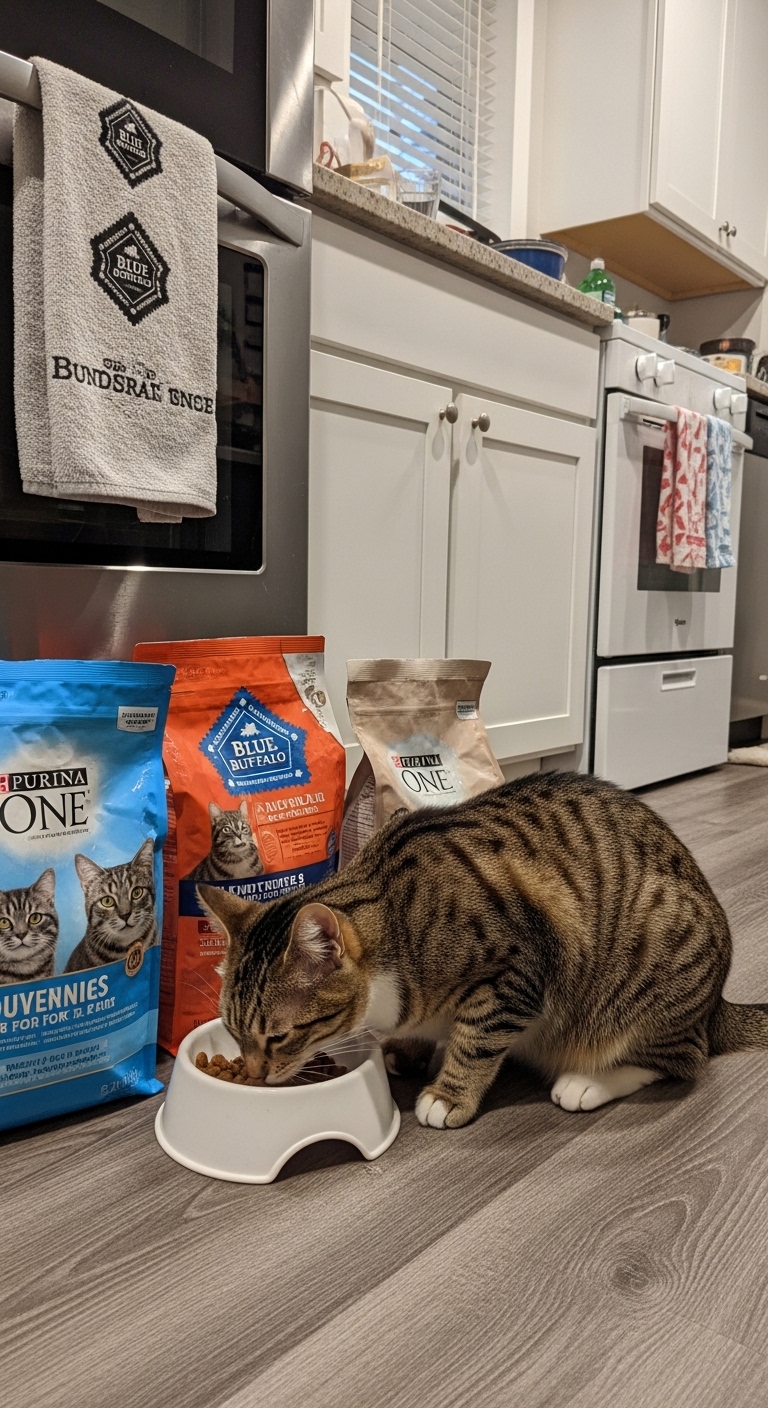 A cat eating from a Blue Buffalo bowl.
