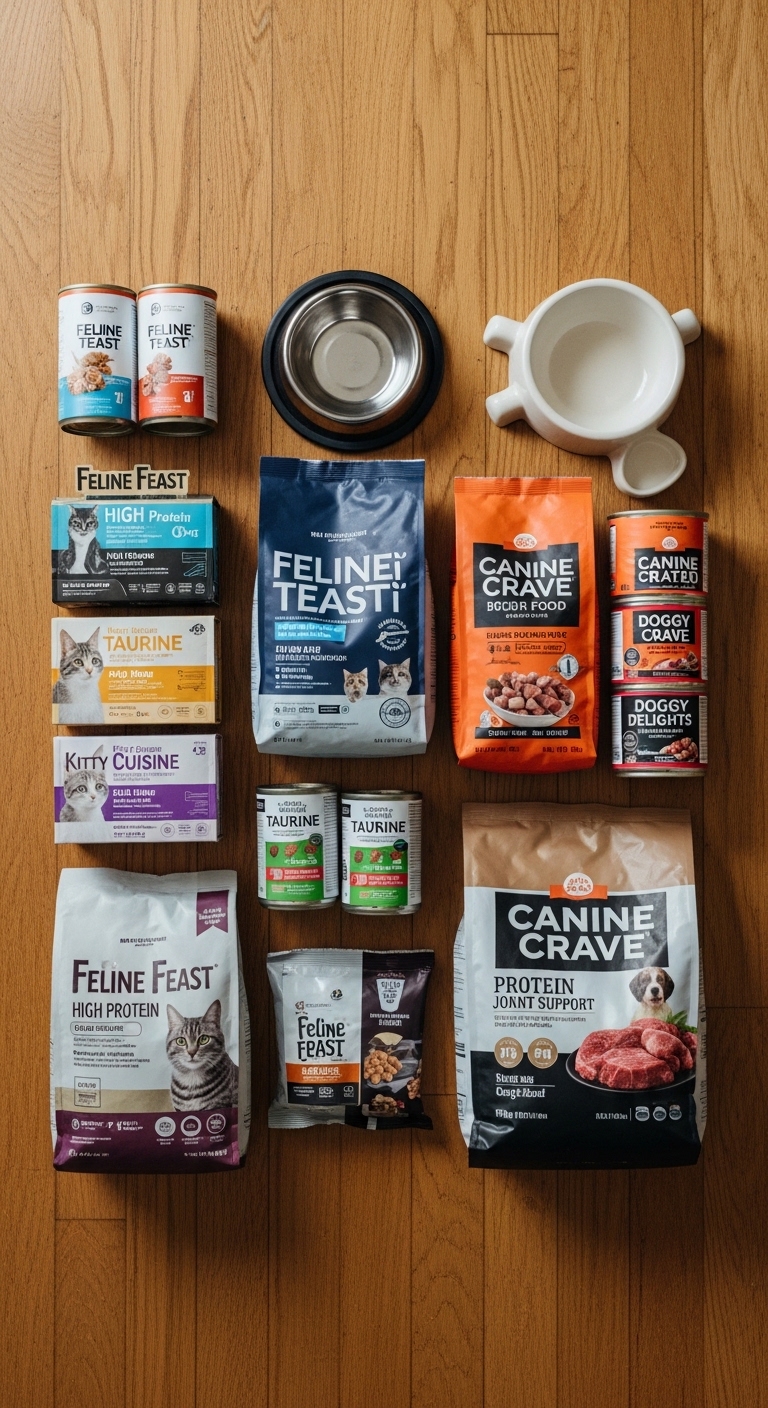 A variety of cat food and dog food displayed on a table.