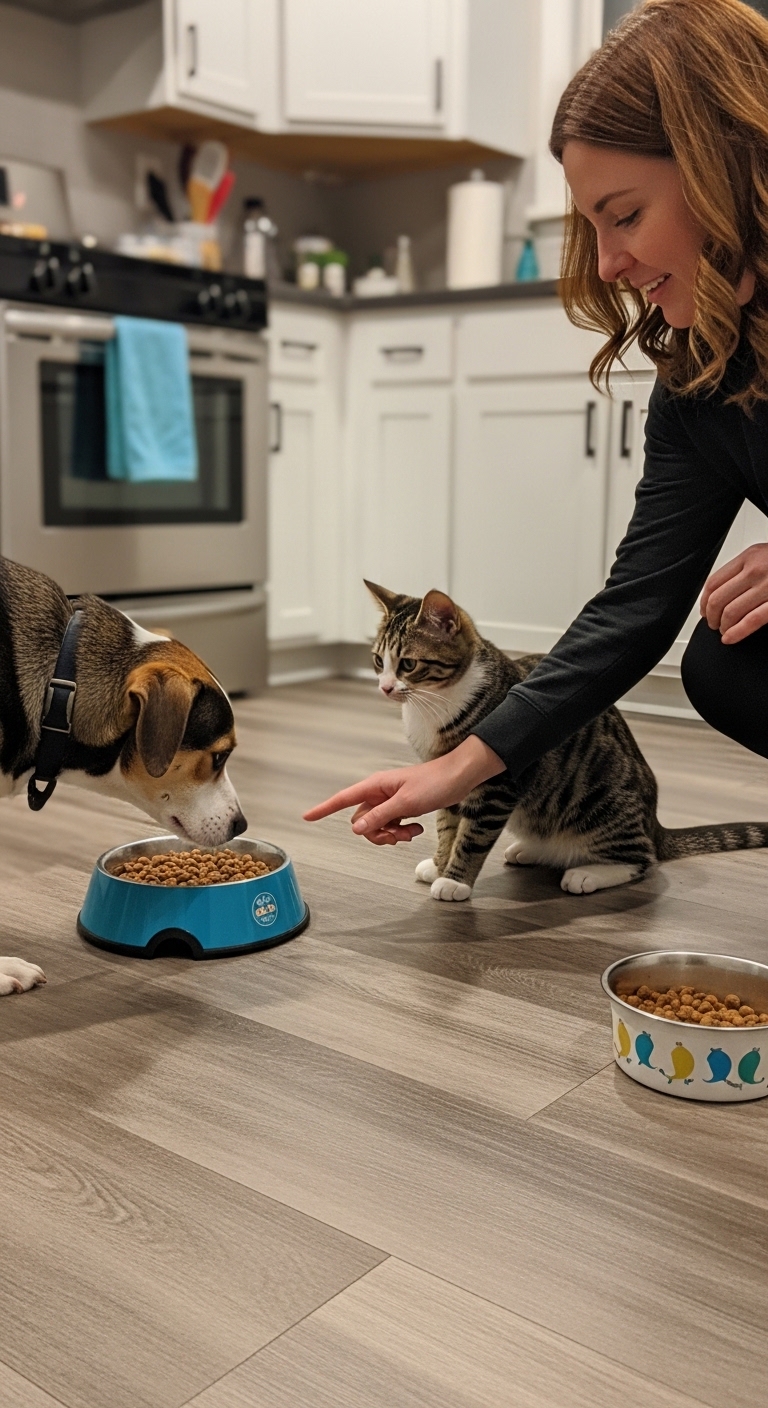 A cat and a dog are eating together.