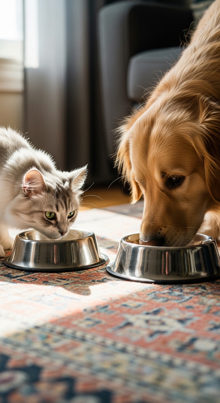 Two cats eating out of the same bowl.
