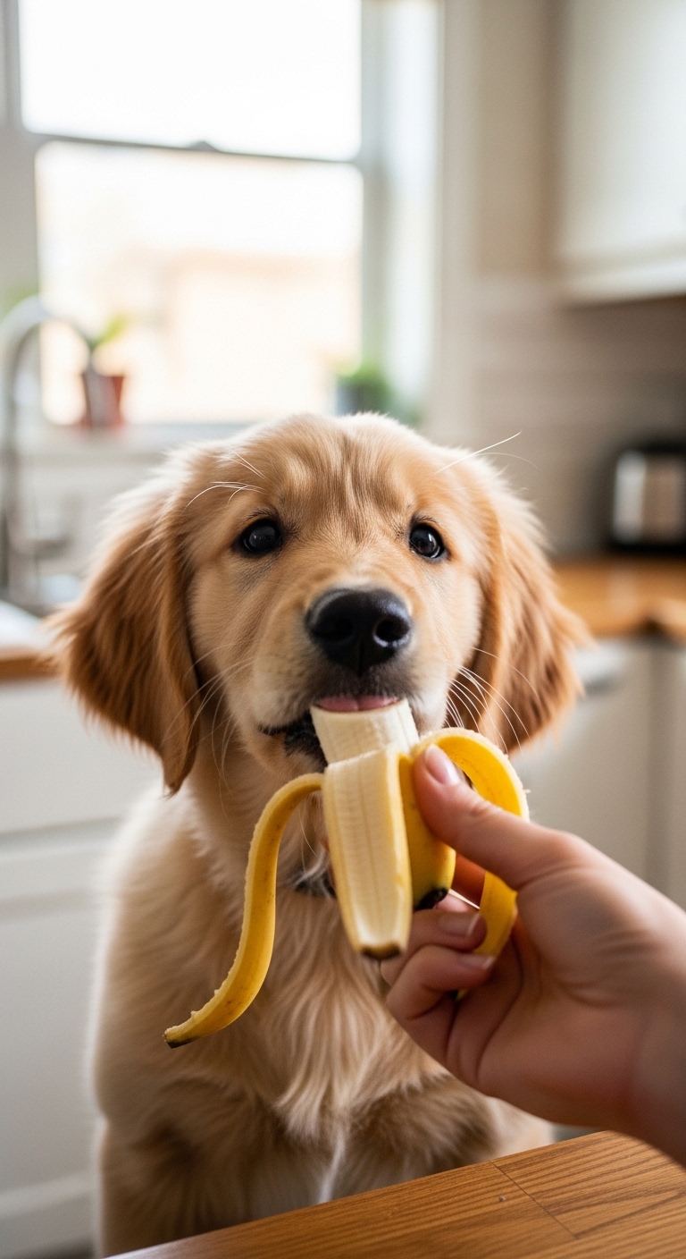 A dog eating a banana.