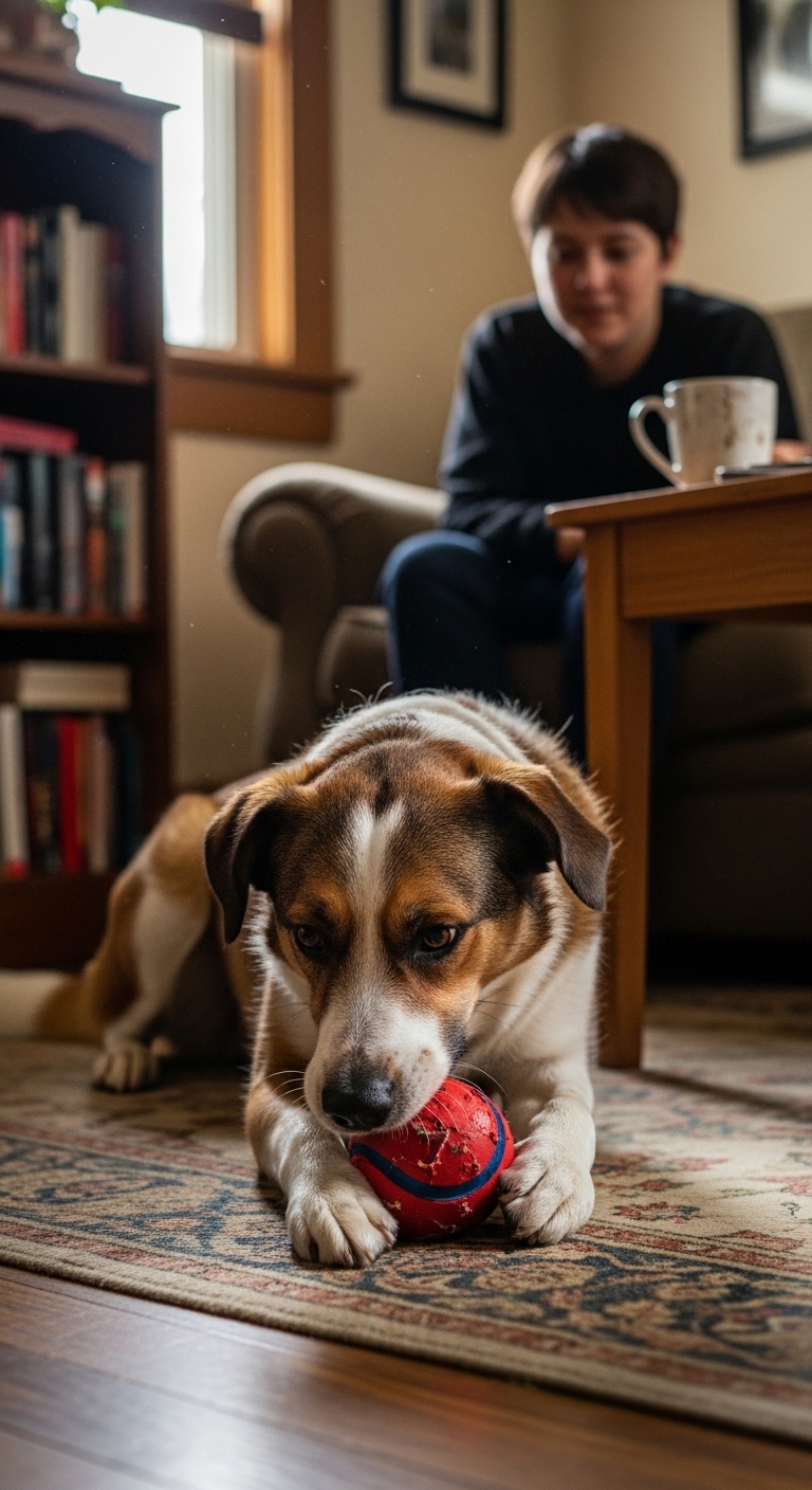 A dog with a red ball in its mouth.