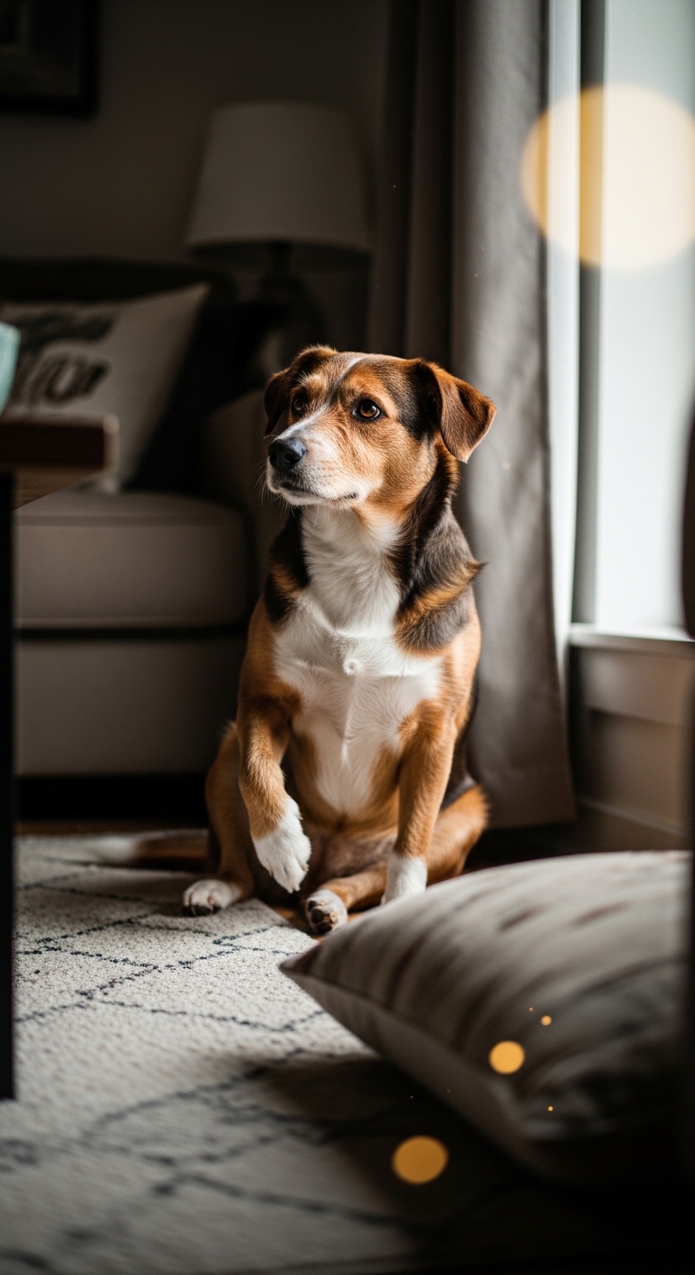 A dog sitting on the floor with a pillow behind it.