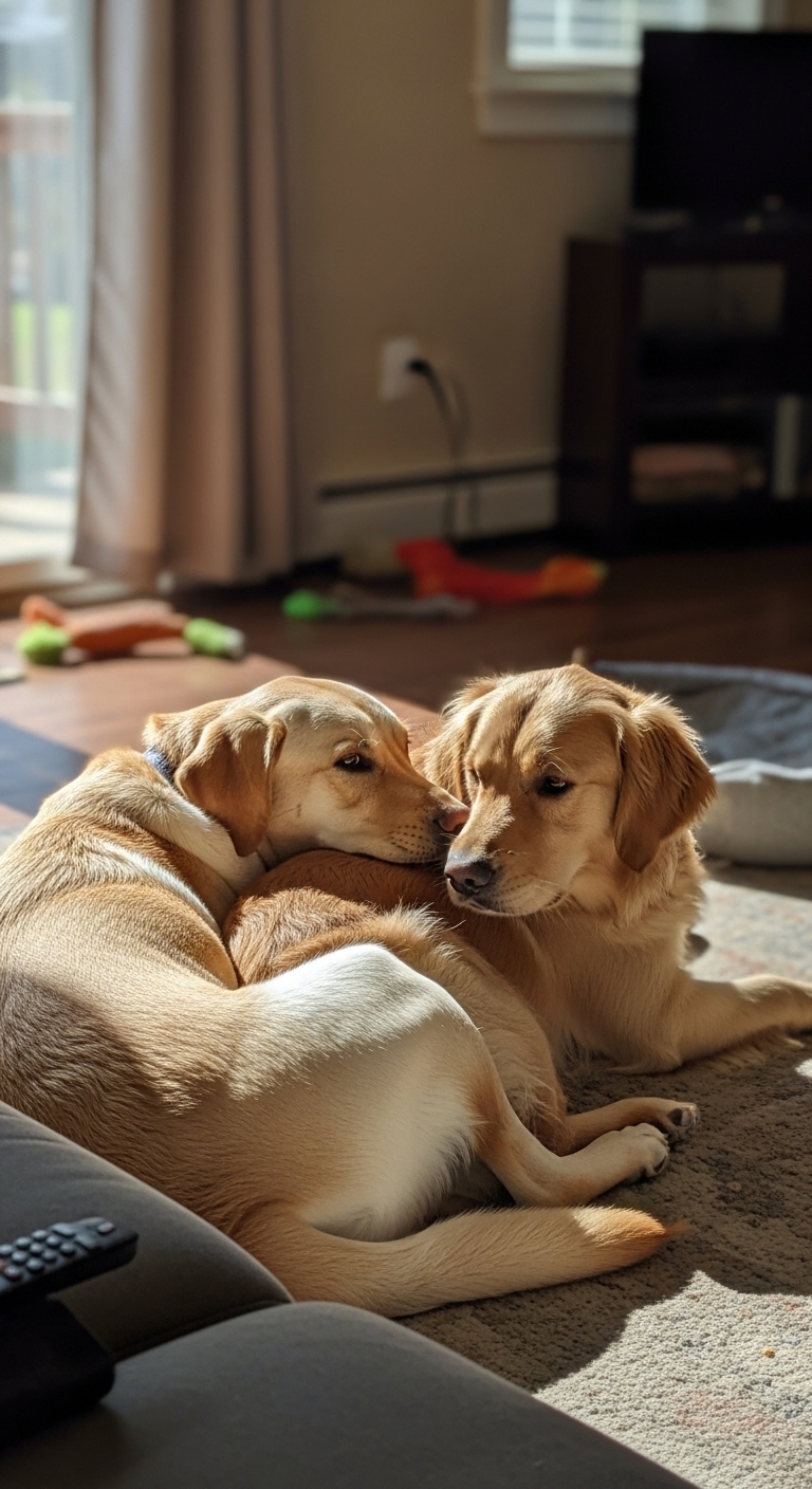 Two dogs cuddling together.