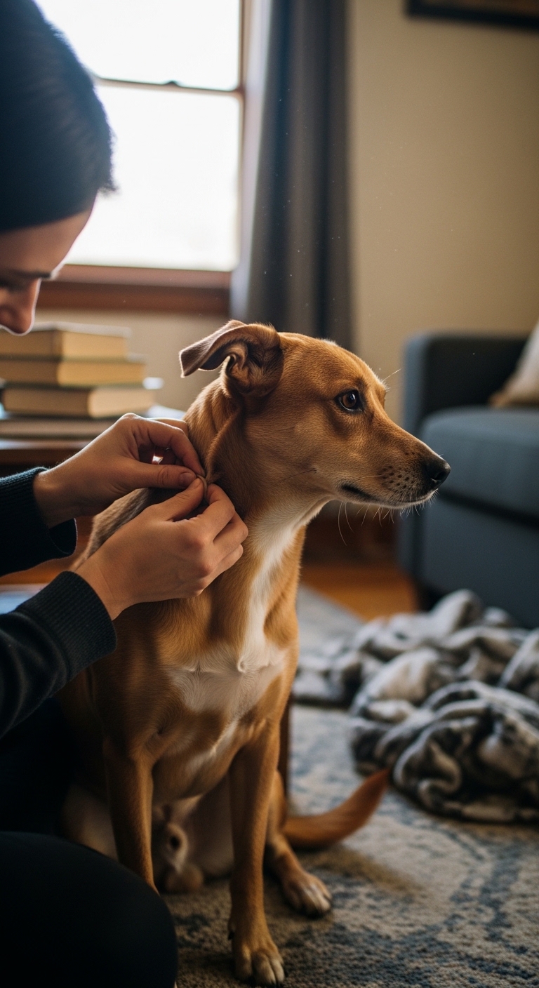 A woman is fixing a dog's collar.