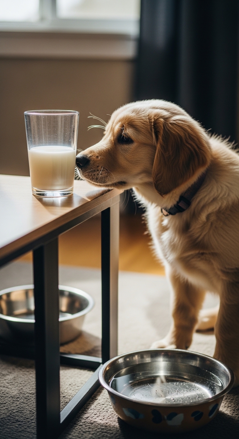 A dog drinking milk from a glass.