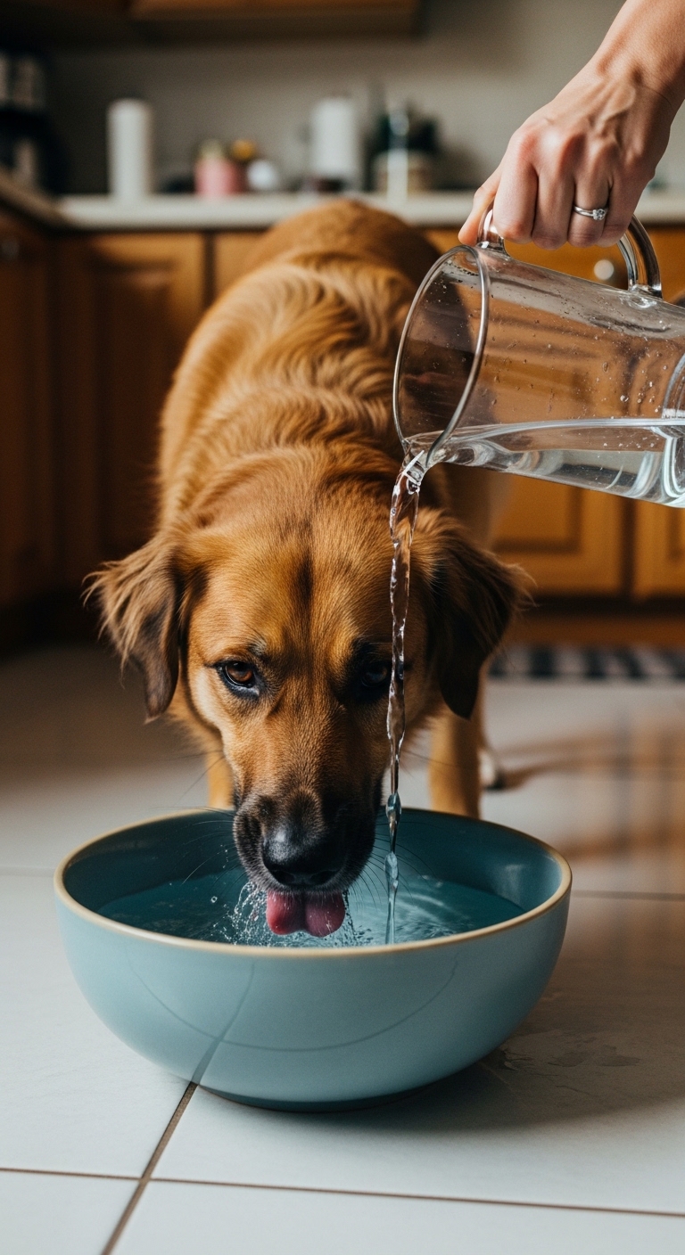 A dog drinking water from a bowl.