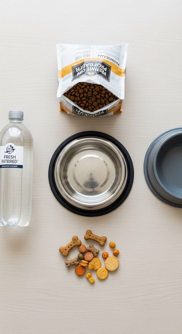 A bowl of water and a bag of dog food.