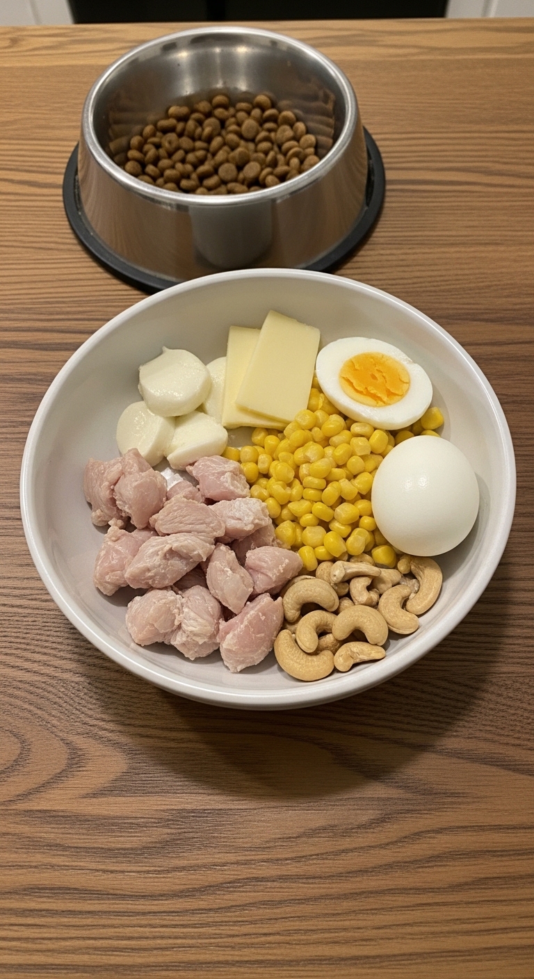 A bowl of food with eggs, cheese, and corn.