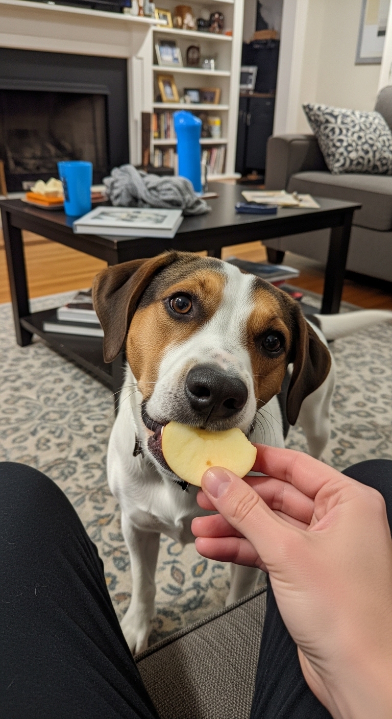 A dog eating an apple.