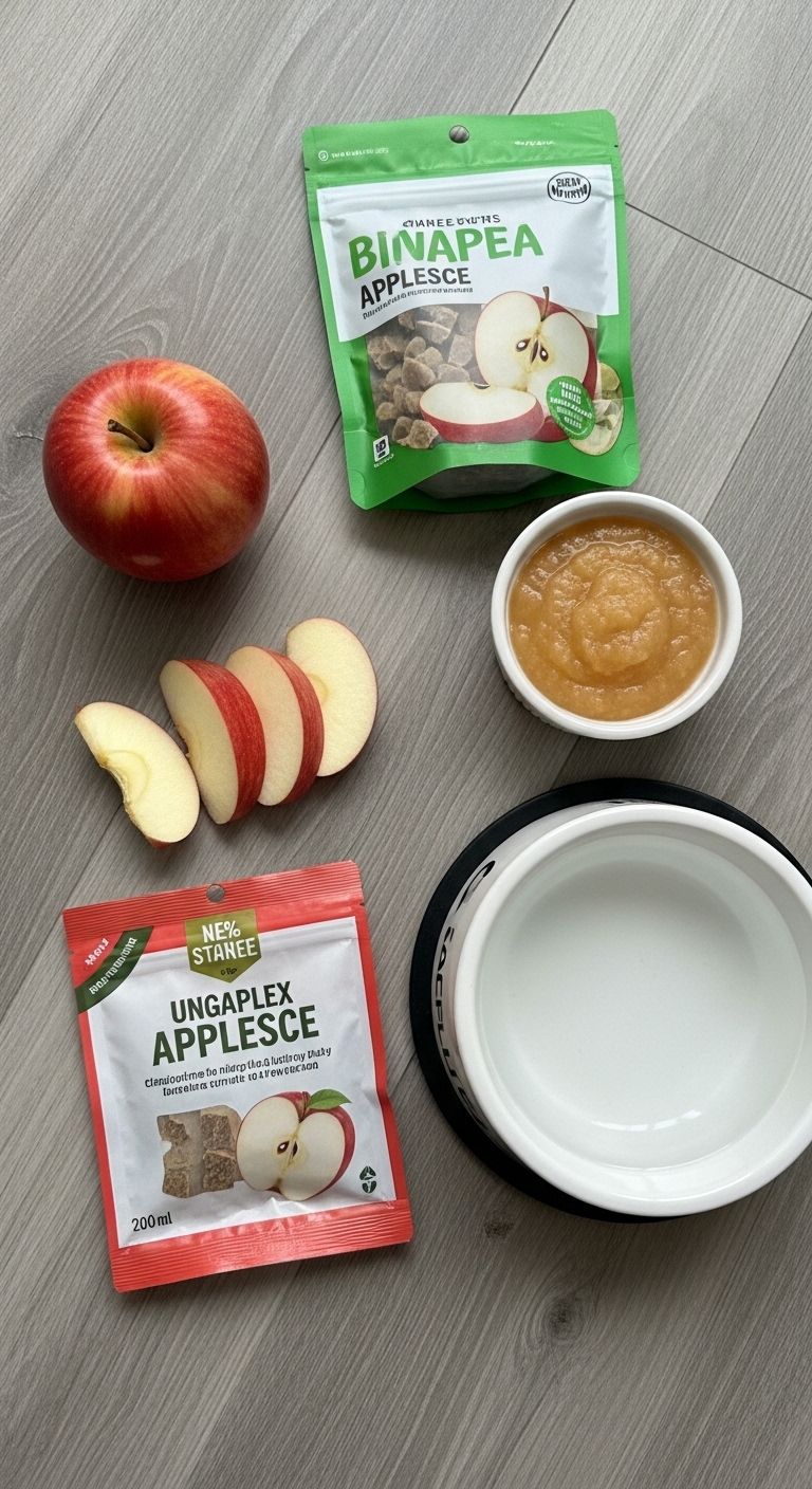 A bowl of apples and a bag of apple treats for dogs.