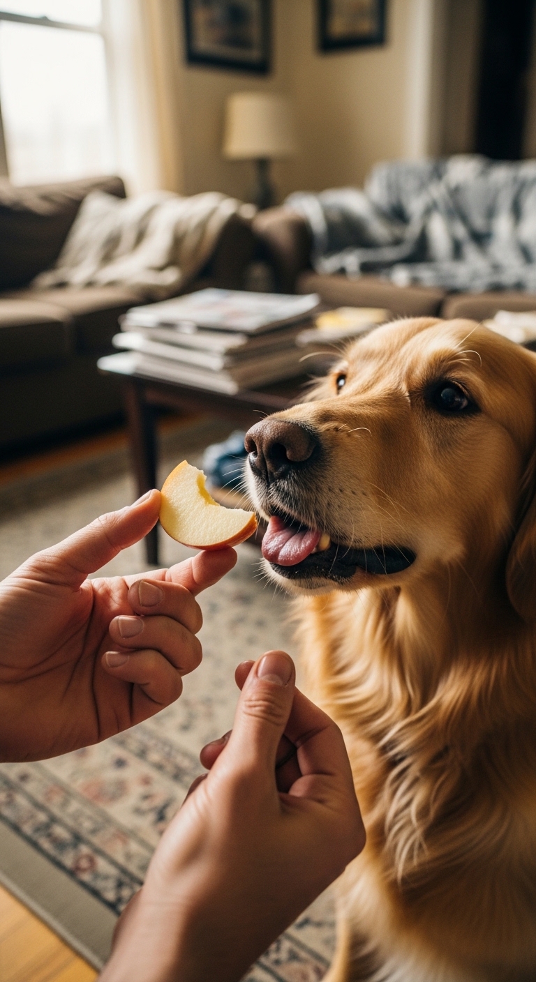 A dog eating an apple.