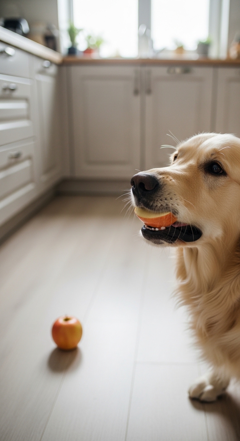 A dog with an apple in its mouth.