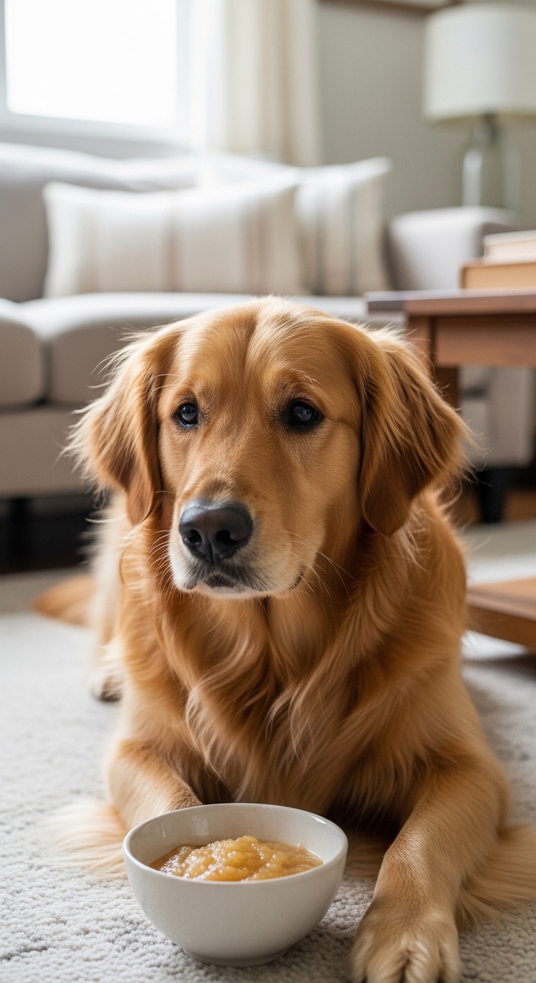 A dog with a black nose and a white couch in the background.