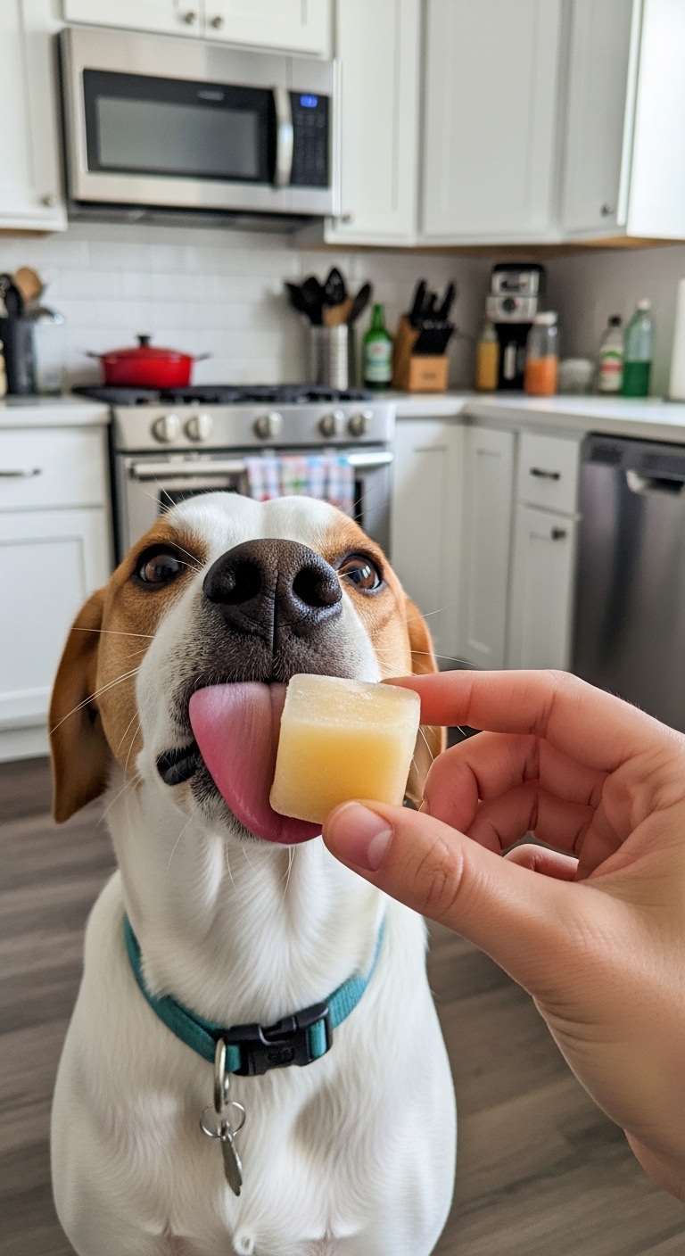 A dog eating applesauce.