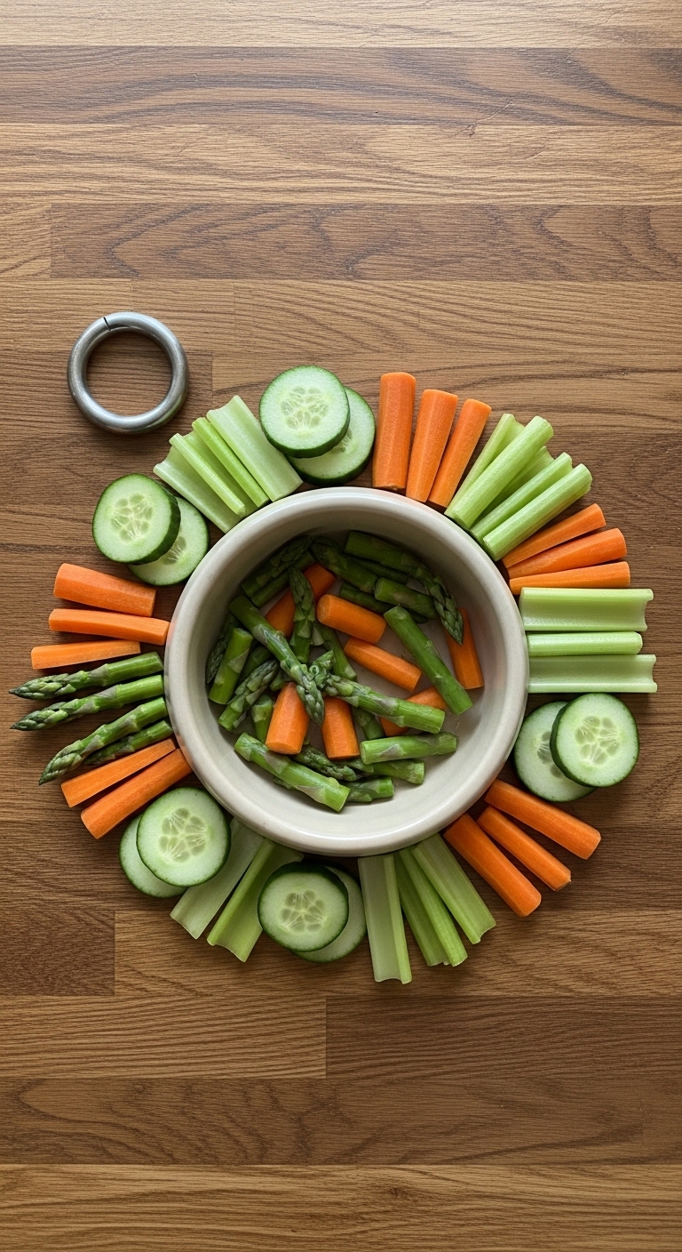 A bowl of vegetables including carrots and asparagus.