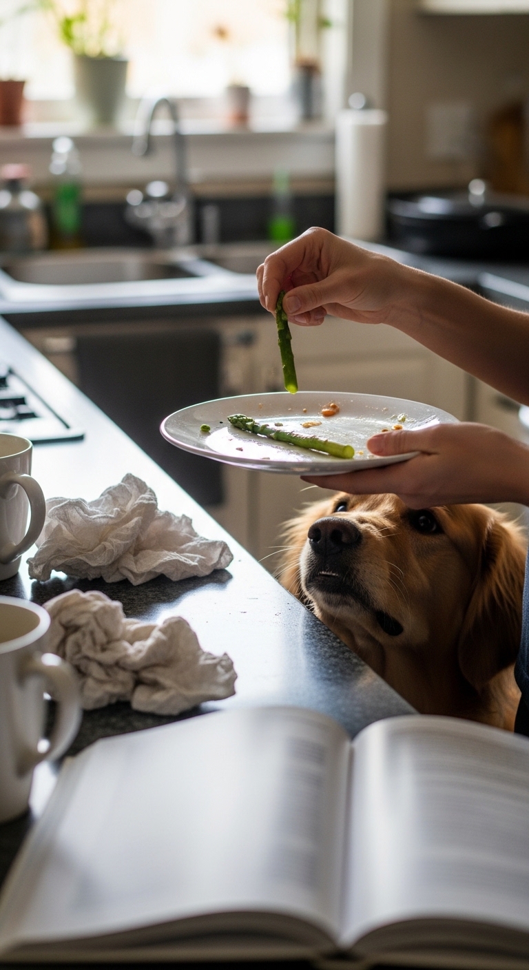 A dog eating asparagus from a plate.