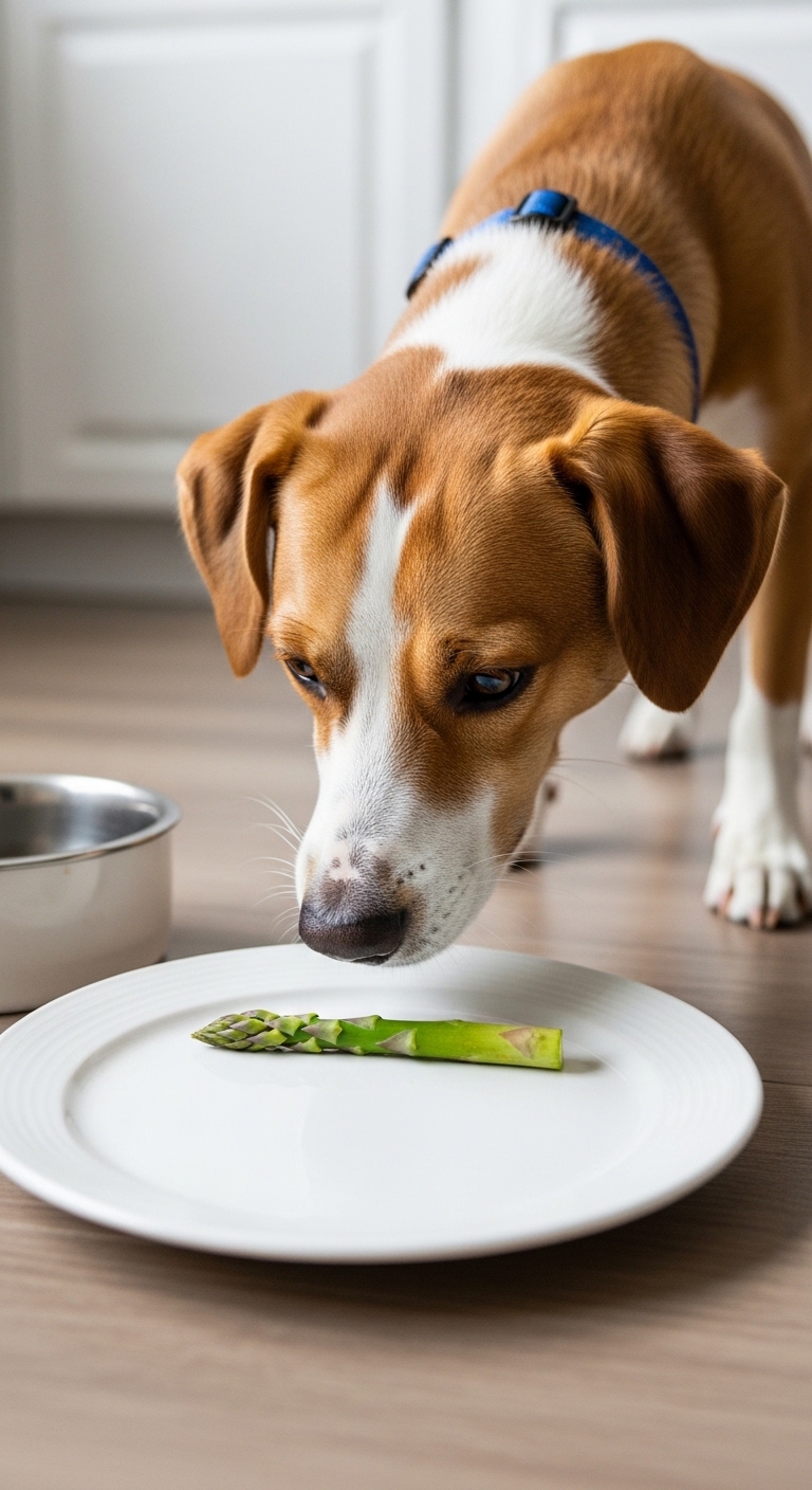 A dog eating asparagus.