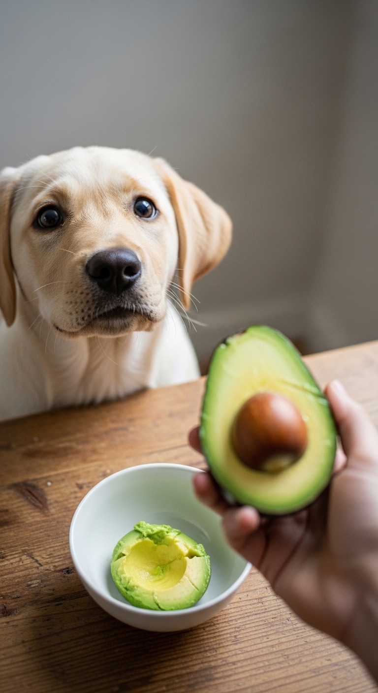 A dog looking at a half of an avocado.