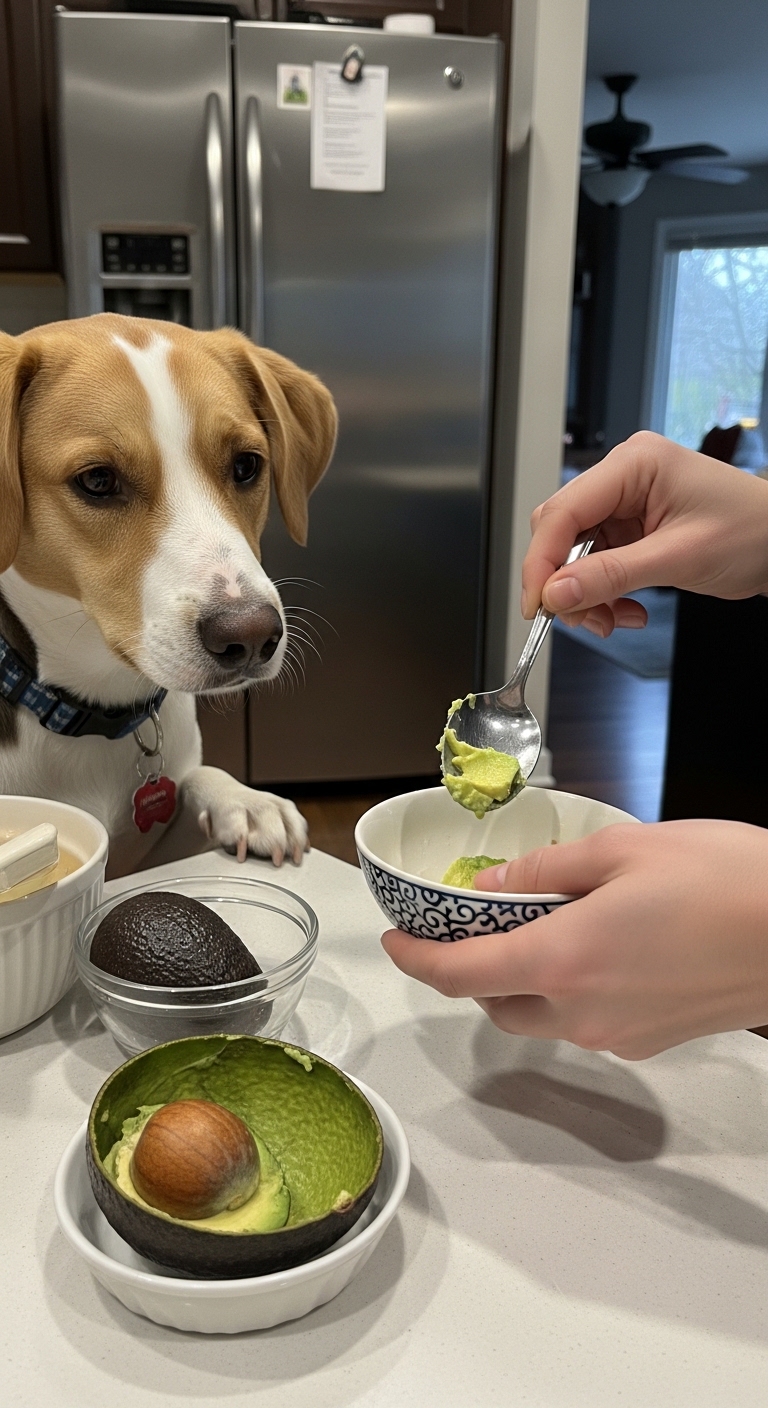 A dog is eating avocado.