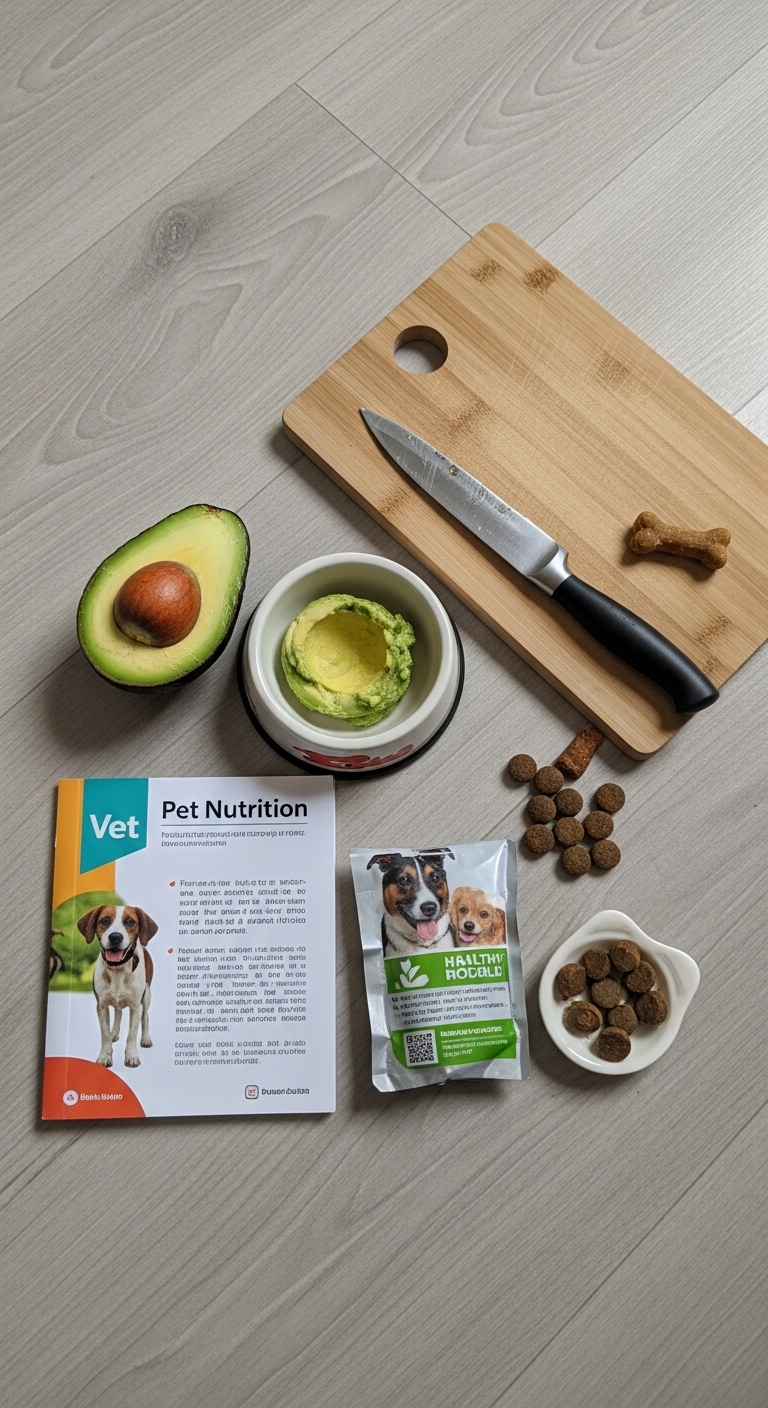 A book about pet nutrition sits on a table with a knife, avocado, and dog food.