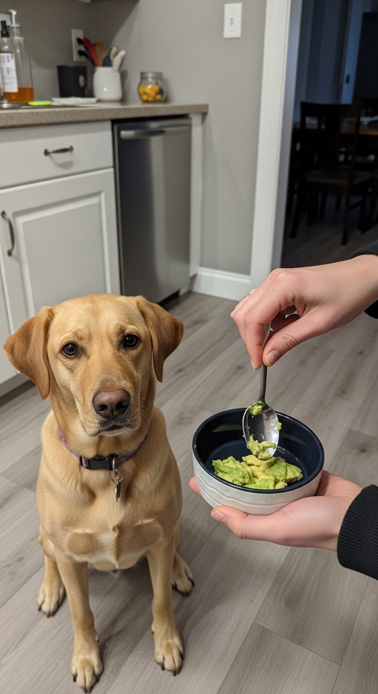 A dog is looking at a bowl of avocado.
