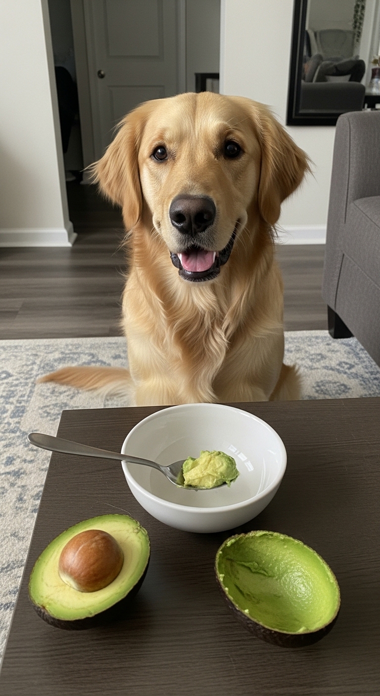 A dog is sitting in front of a bowl of guacamole.