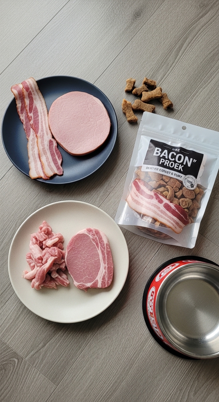 A plate of bacon and a bag of bacon bits.