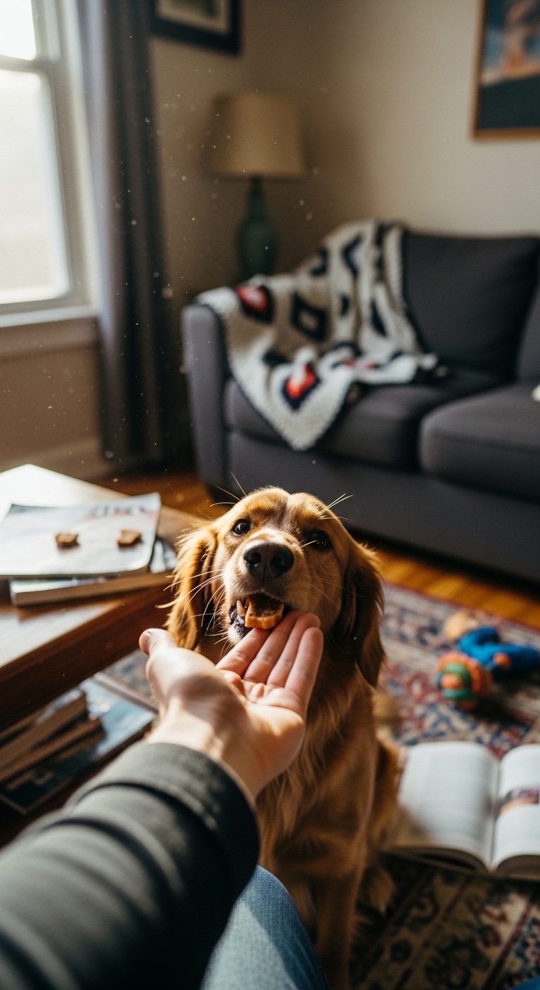 A dog eating a piece of bacon.
