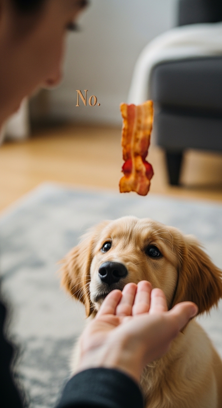 A dog is looking up at a person holding a piece of bacon.