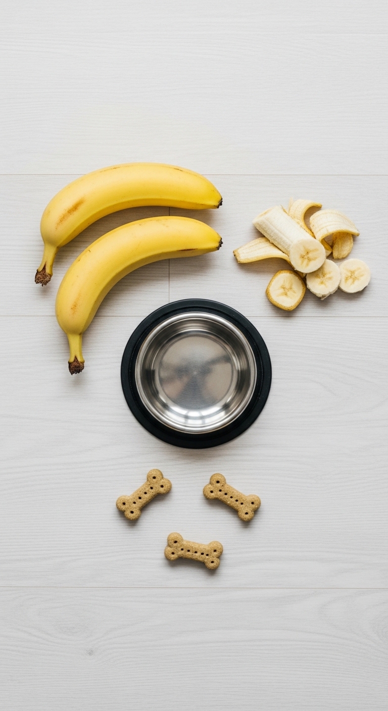 A bowl of dog food sits next to a banana.