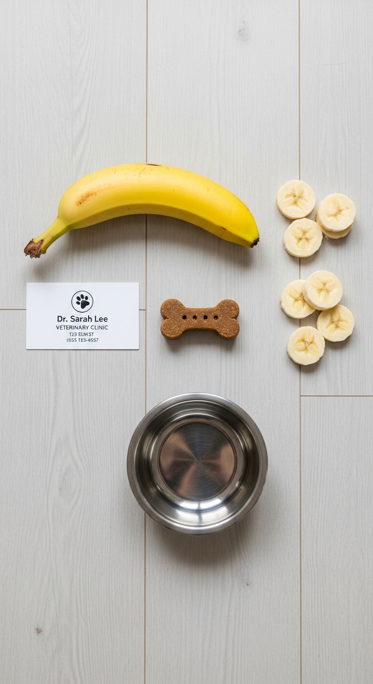 A dog bowl with a dog biscuit and bananas.