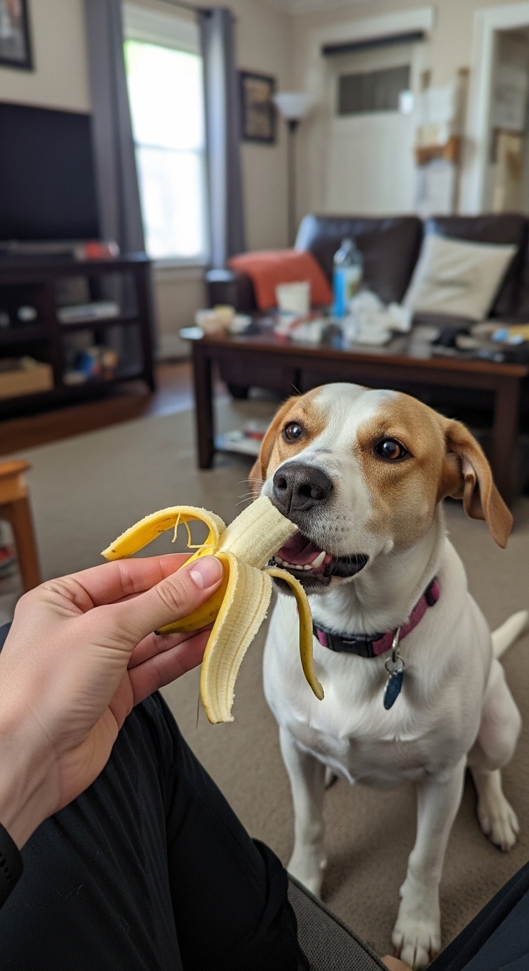 A dog eating a banana.